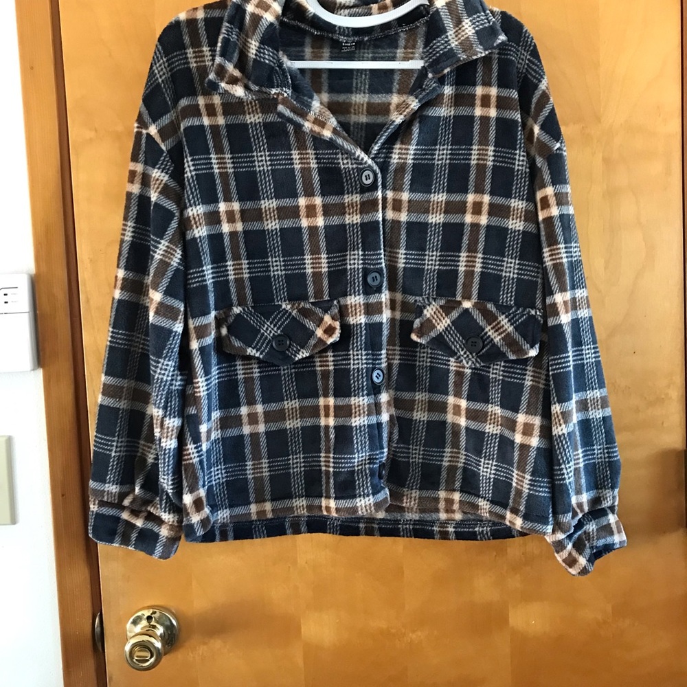 SHEIN Navy and Brown Plaid Button-Up Shacket